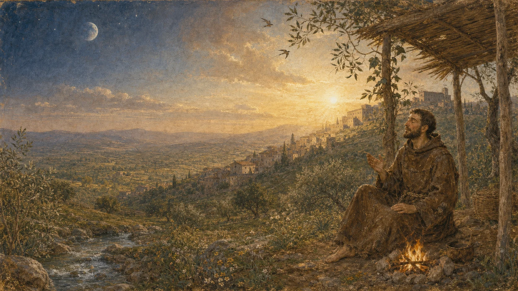 Francisco sob um abrigo simples diante de Assis ao amanhecer, cercado pelo sol, lua, vento, água, fogo, terra e pássaros