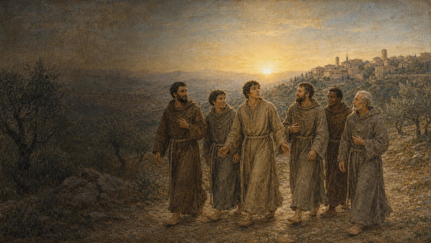 Francisco e seus primeiros irmãos caminham juntos ao amanhecer pelas colinas de Assis