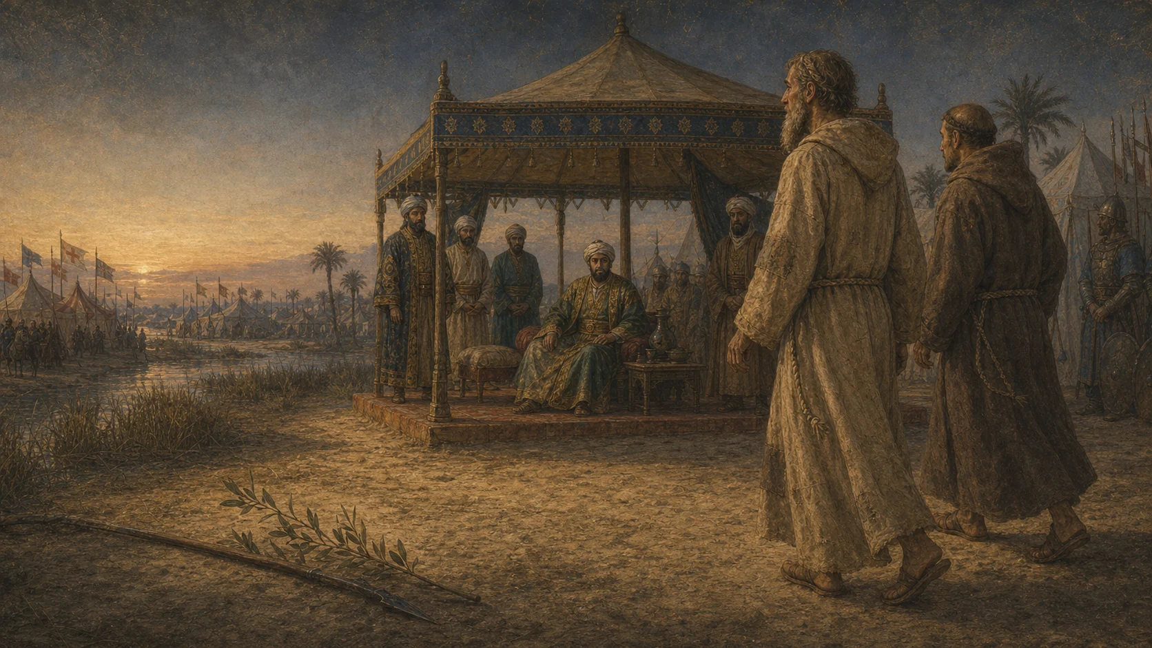 Francisco e frei Iluminado aproximam-se desarmados do sultão al-Malik al-Kamil perto de Damieta
