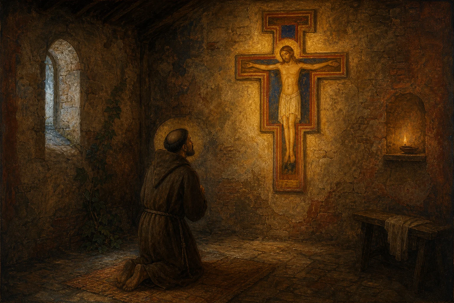 Pintura sacra de Francisco em oração diante de Jesus crucificado na pequena capela de São Damião