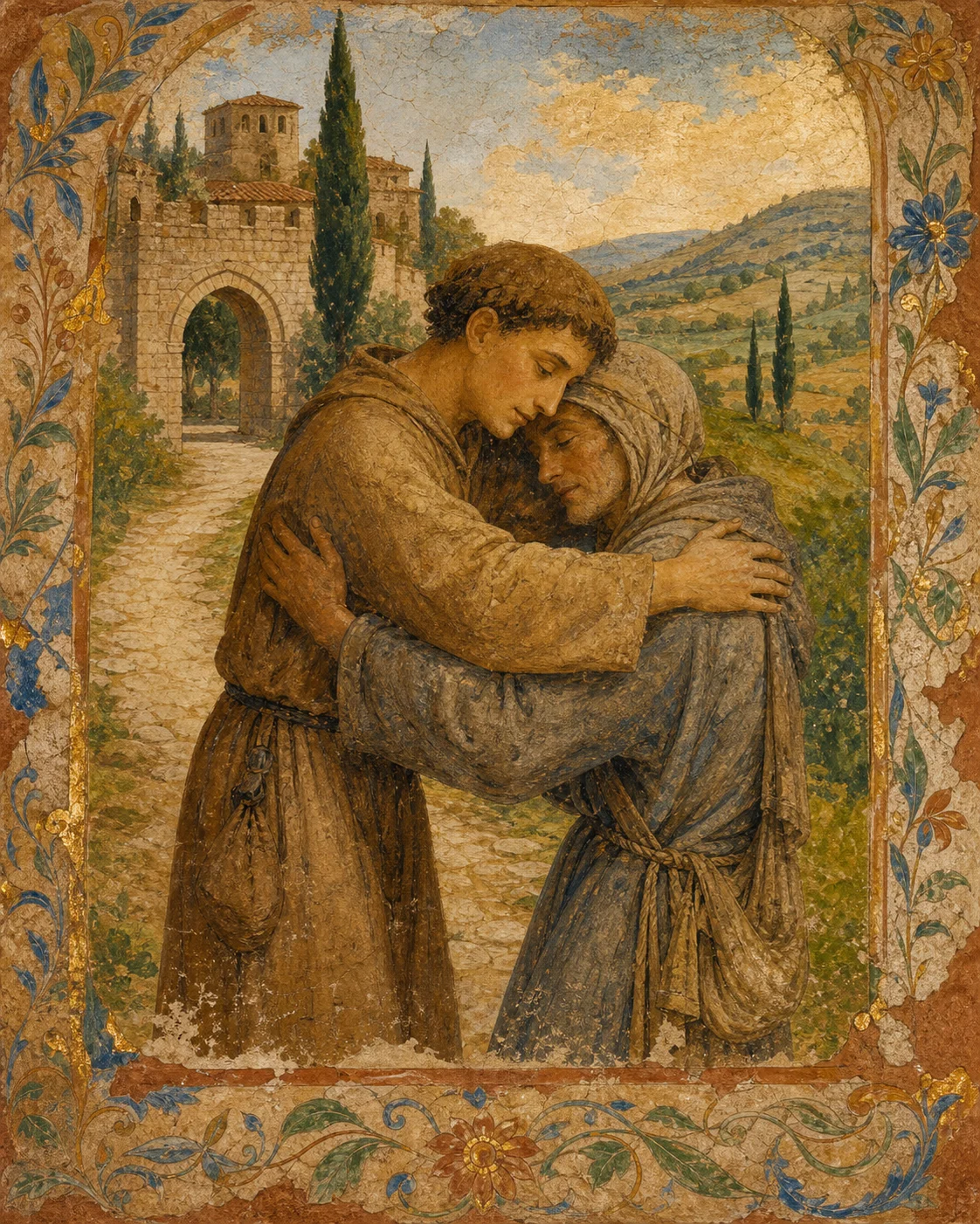 Pintura sacra de Francisco acolhendo com ternura um homem pobre em uma estrada de Assis