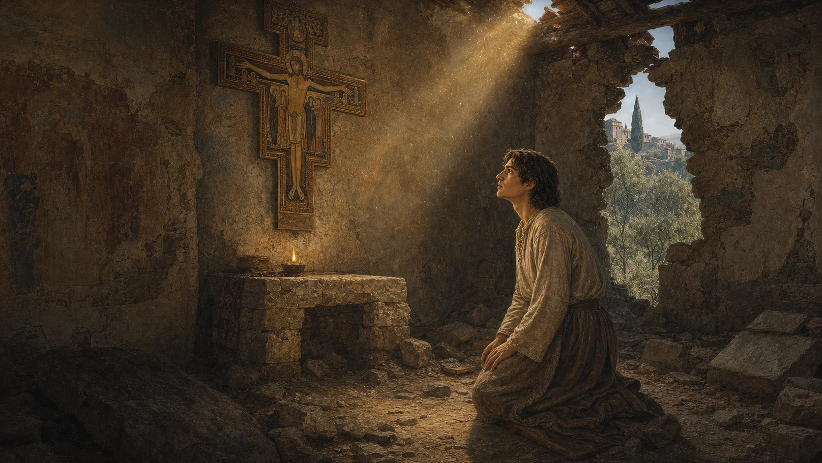 O jovem Francisco reza diante do crucifixo em uma capela de São Damião iluminada por uma abertura no teto