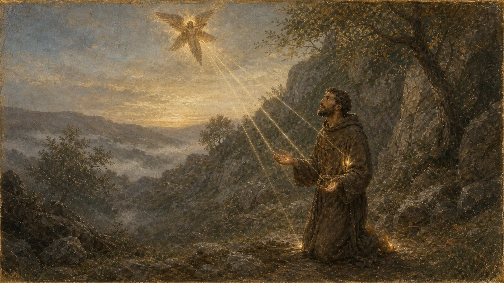 Francisco em oração nas rochas de La Verna enquanto cinco raios suaves de luz se aproximam de suas mãos, pés e lado