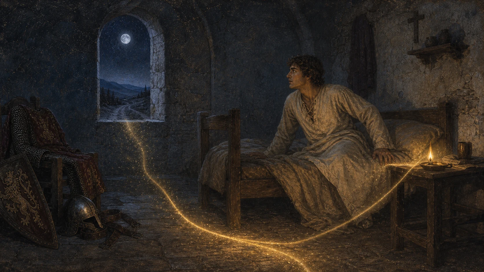 O jovem Francisco desperta em um quarto de Spoleto enquanto uma linha de luz atravessa sua armadura e segue até a estrada