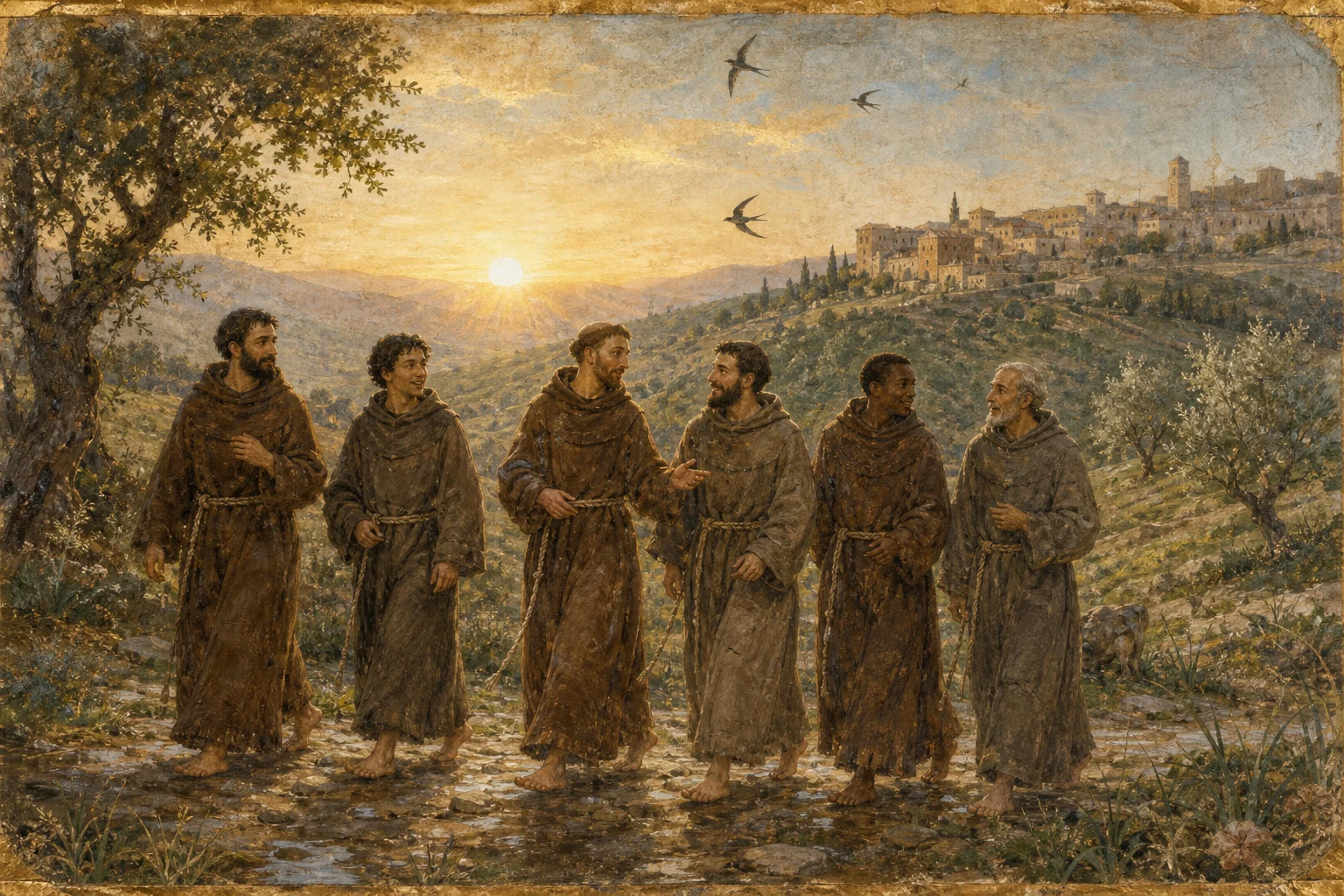 Pintura sacra dos primeiros frades franciscanos caminhando juntos ao amanhecer nas colinas de Assis